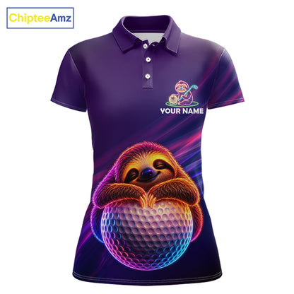 Women's golf polo with funny sloth and purple neon graphics, custom golf team shirt for tournaments, golf vacations and humorous golf lifestyle.