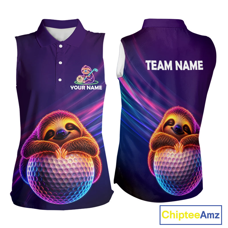 Women's sleeveless golf polo featuring cute sloth with glowing purple neon artwork, personalized funny golf apparel for golf gifts, animal lovers and casual golf fashion.