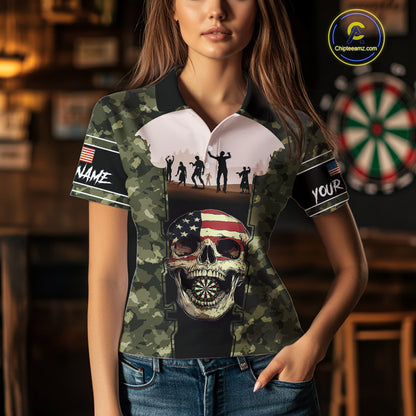 Camo US Flag Skull Skeleton Silhouette Dart Shirts For Women, Custom Dart Jerseys NYN0046