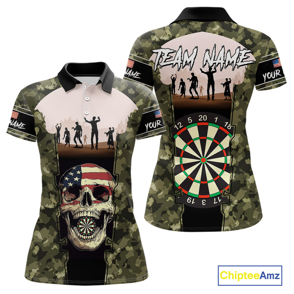 Camo US Flag Skull Skeleton Silhouette Dart Shirts For Women, Custom Dart Jerseys NYN0046