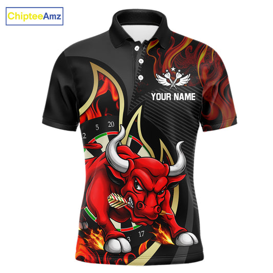 Personalized Bull Red Flames Darts Polo & 1/4-Zip Shirt For Men Funny Dart Team Dart Jerseys NYN2962