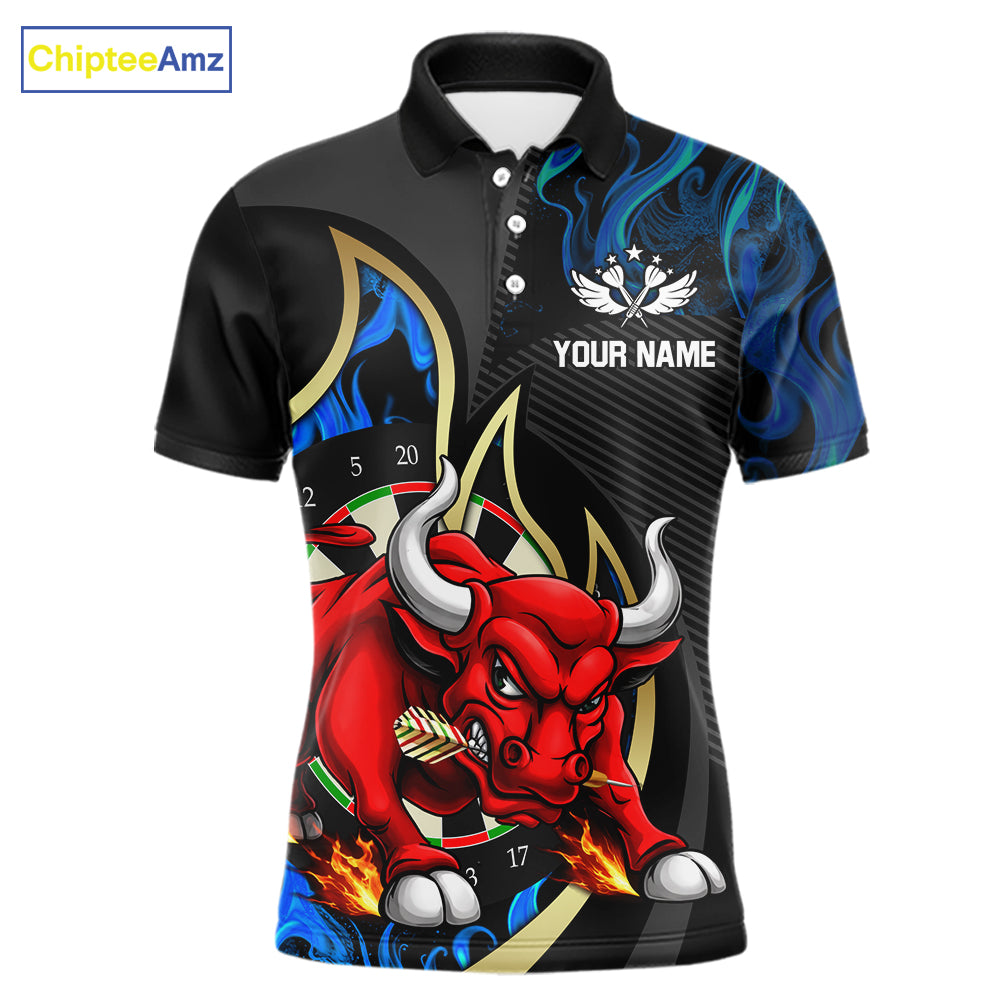 Personalized Bull Blue Flames Darts Polo & 1/4-Zip Shirt For Men Funny Dart Team Dart Jerseys NYN2963