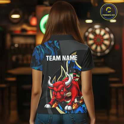 Personalized Bull Blue Flames Darts Polo & 1/4-Zip Shirt For Women Funny Dart Team Dart Jerseys NYN2963