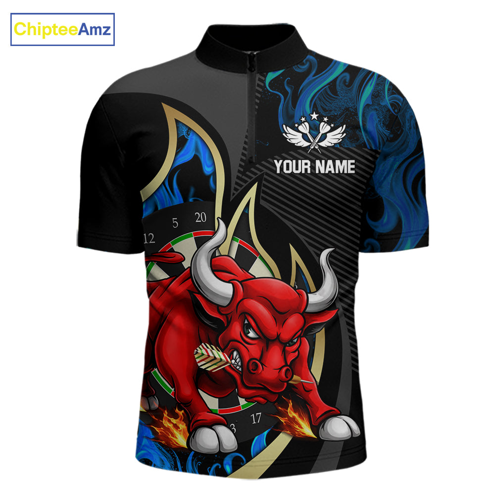 Personalized Bull Blue Flames Darts Polo & 1/4-Zip Shirt For Men Funny Dart Team Dart Jerseys NYN2963