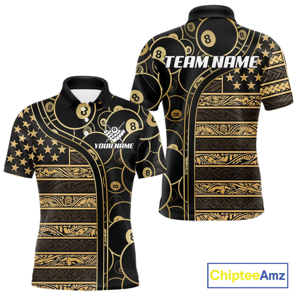 Black & Gold Tribal 8 Ball Pool Shirts Custom Men Billiard Polo & 1/4 Zip Shirt Billiard Team Jerseys NYN2970