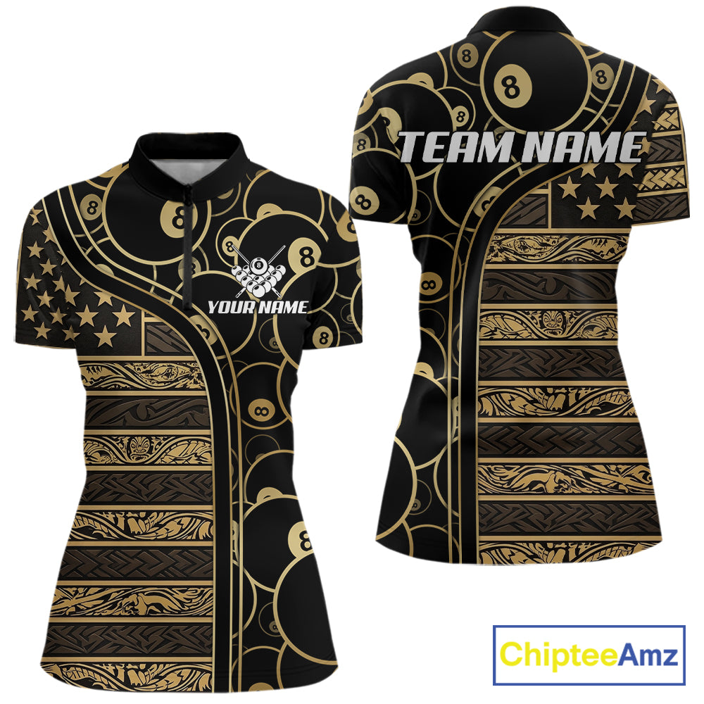 Black & Gold Tribal 8 Ball Pool Shirts Custom Women Billiard Polo & 1/4 Zip Shirt Billiard Team Jerseys NYN2970