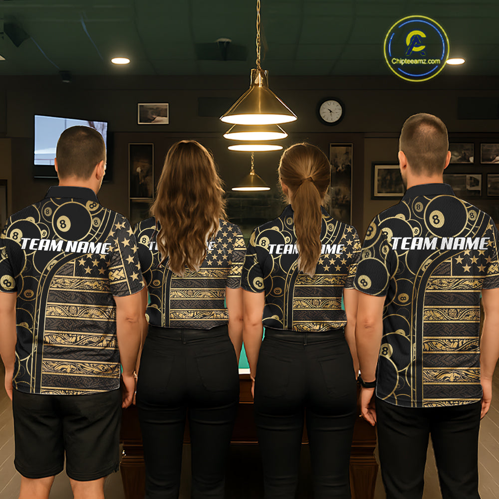 Black & Gold Tribal 8 Ball Pool Shirts Custom Men Billiard Polo & 1/4 Zip Shirt Billiard Team Jerseys NYN2970