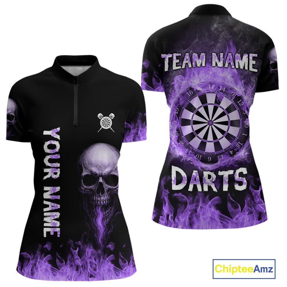 Custom Purple Fire Skull Multi-Flame Dartboard Dart Women Quarter-Zip Shirts, Dart Team Jerseys NYN1554