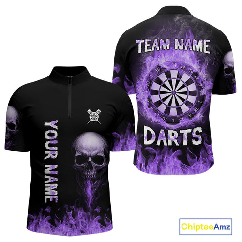 Custom Purple Fire Skull Multi-Flame Dartboard Dart Men Quarter-Zip Shirts, Dart Team Jerseys NYN1554