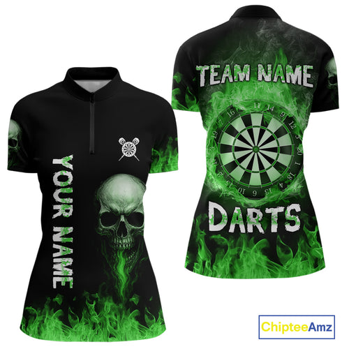 Custom Green Fire Skull Multi-Flame Dartboard Dart Women Quarter-Zip Shirts, Dart Team Jerseys NYN1555