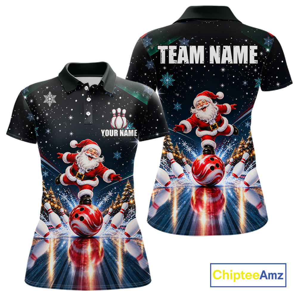Custom Funny Christmas Bowling Polo 1/4-Zip Shirt For Women Snowflake Santa Youth Bowling Team Jersey NYN5055