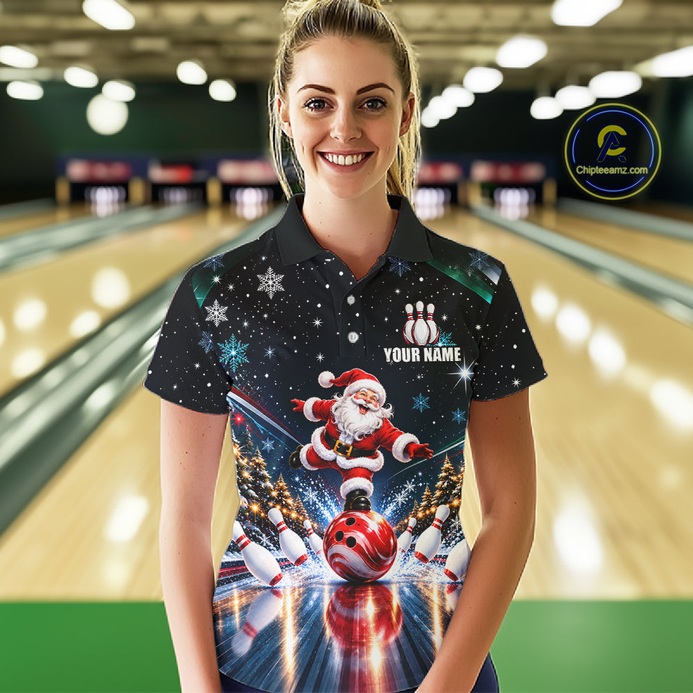Custom Funny Christmas Bowling Polo 1/4-Zip Shirt For Women Snowflake Santa Youth Bowling Team Jersey NYN5055