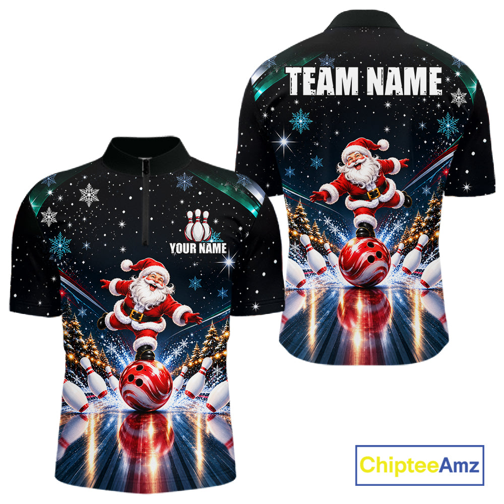 Custom Funny Christmas Bowling Polo 1/4-Zip Shirt For Men Snowflake Santa Youth Bowling Team Jersey NYN5055