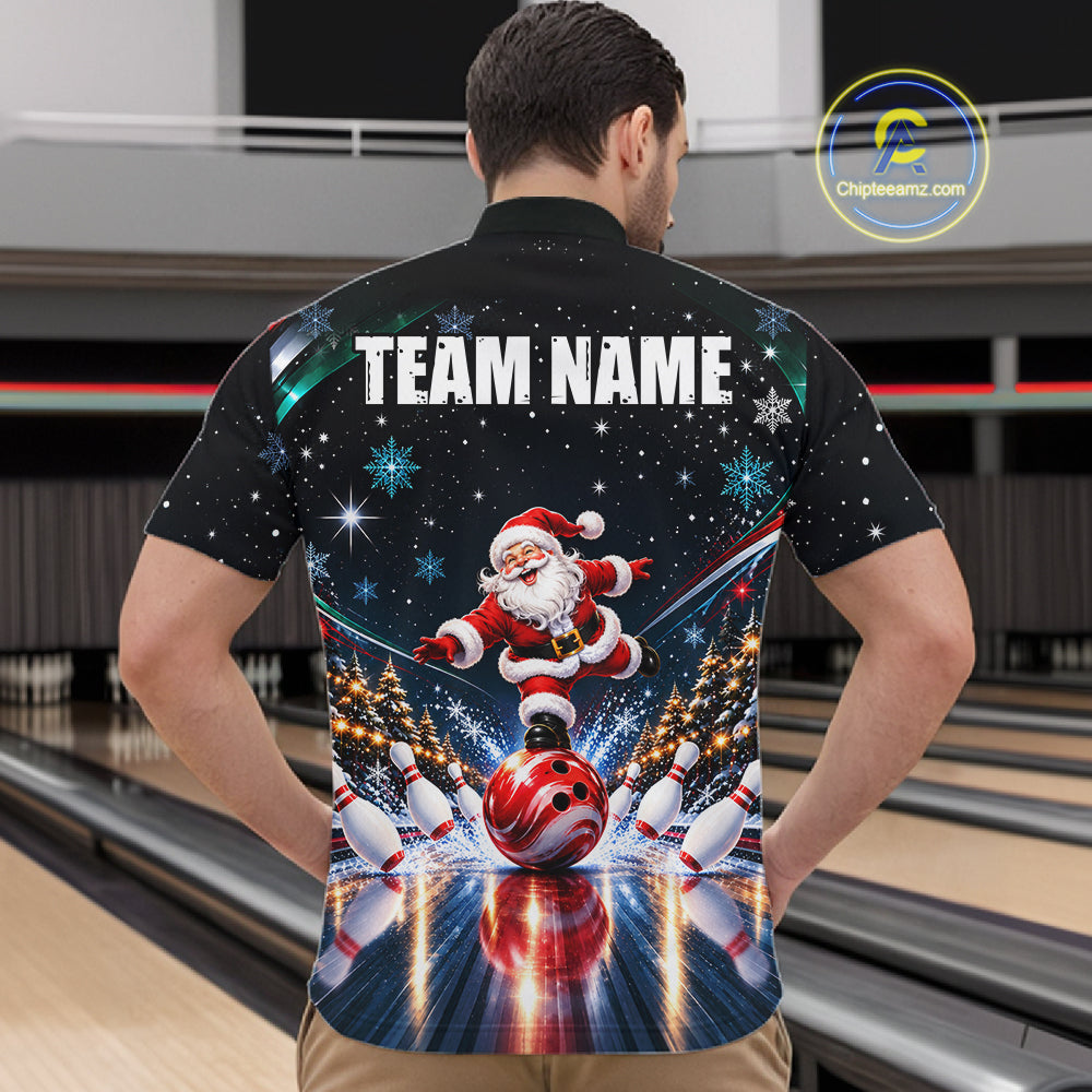 Custom Funny Christmas Bowling Polo 1/4-Zip Shirt For Men Snowflake Santa Youth Bowling Team Jersey NYN5055