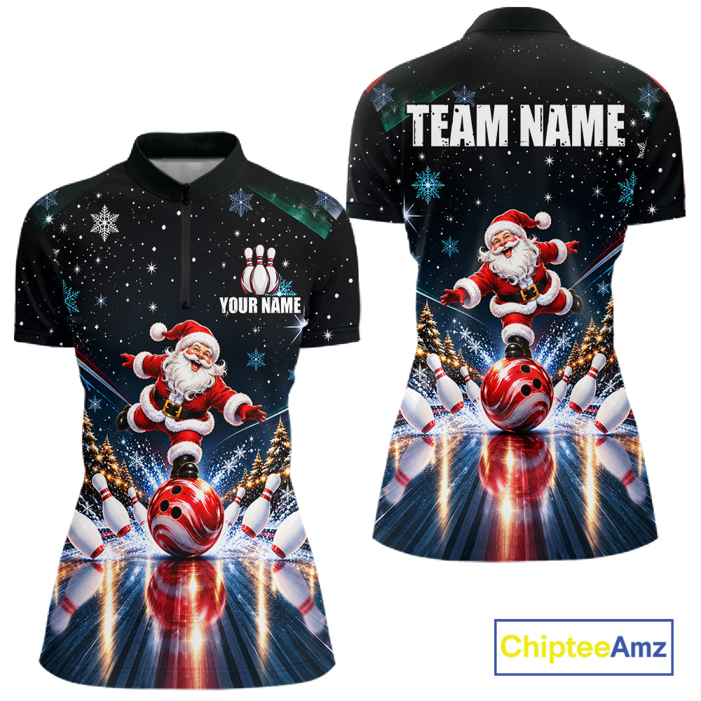 Custom Funny Christmas Bowling Polo 1/4-Zip Shirt For Women Snowflake Santa Youth Bowling Team Jersey NYN5055