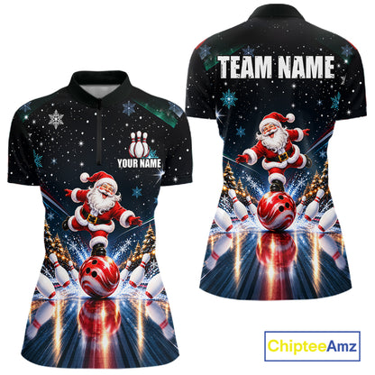 Custom Funny Christmas Bowling Polo 1/4-Zip Shirt For Women Snowflake Santa Youth Bowling Team Jersey NYN5055