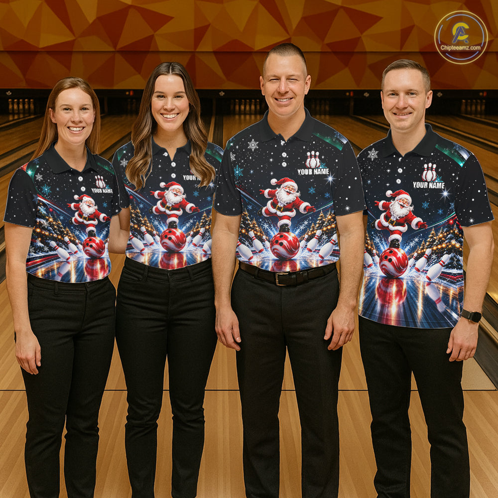 Custom Funny Christmas Bowling Polo 1/4-Zip Shirt For Men Snowflake Santa Youth Bowling Team Jersey NYN5055
