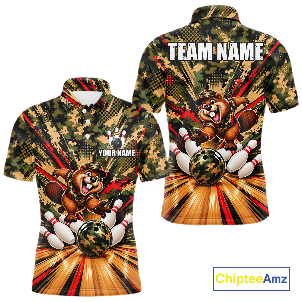 Funny Beaver Bowling Shirt Custom Green Black Camouflage Youth Bowling Team Apparel For Men NYN5066
