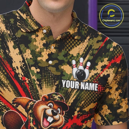 Funny Beaver Bowling Shirt Custom Green Black Camouflage Youth Bowling Team Apparel For Men NYN5066