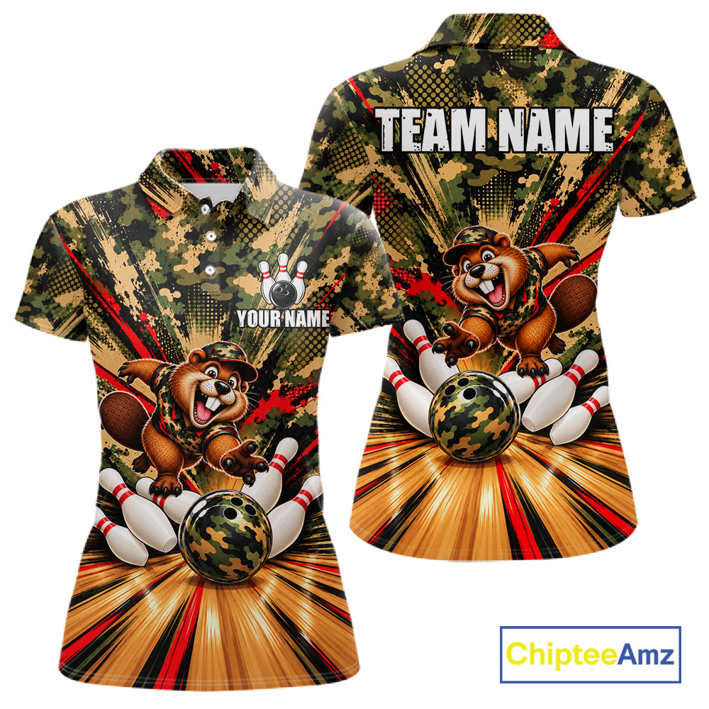Funny Beaver Bowling Shirt Custom Green Black Camouflage Youth Bowling Team Apparel For Women NYN5066
