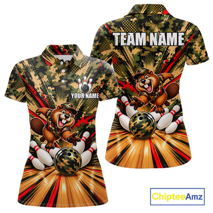 Funny Beaver Bowling Shirt Custom Green Black Camouflage Youth Bowling Team Apparel For Women NYN5066