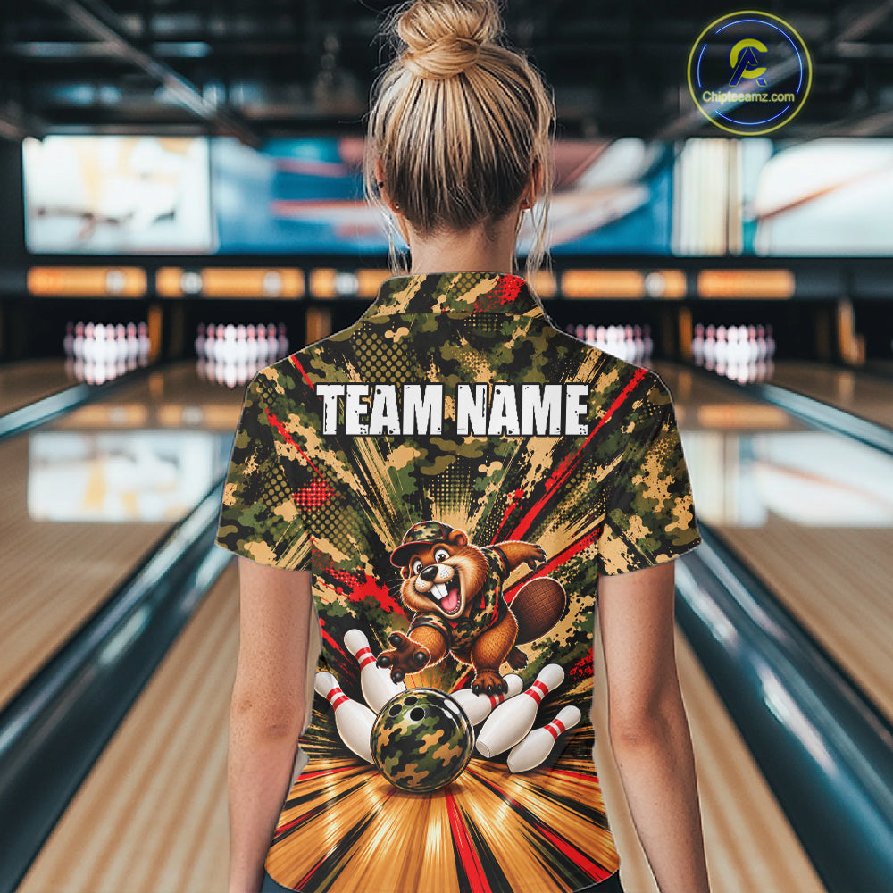 Funny Beaver Bowling Shirt Custom Green Black Camouflage Youth Bowling Team Apparel For Women NYN5066