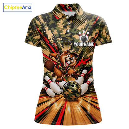 Funny Beaver Bowling Shirt Custom Green Black Camouflage Youth Bowling Team Apparel For Women NYN5066