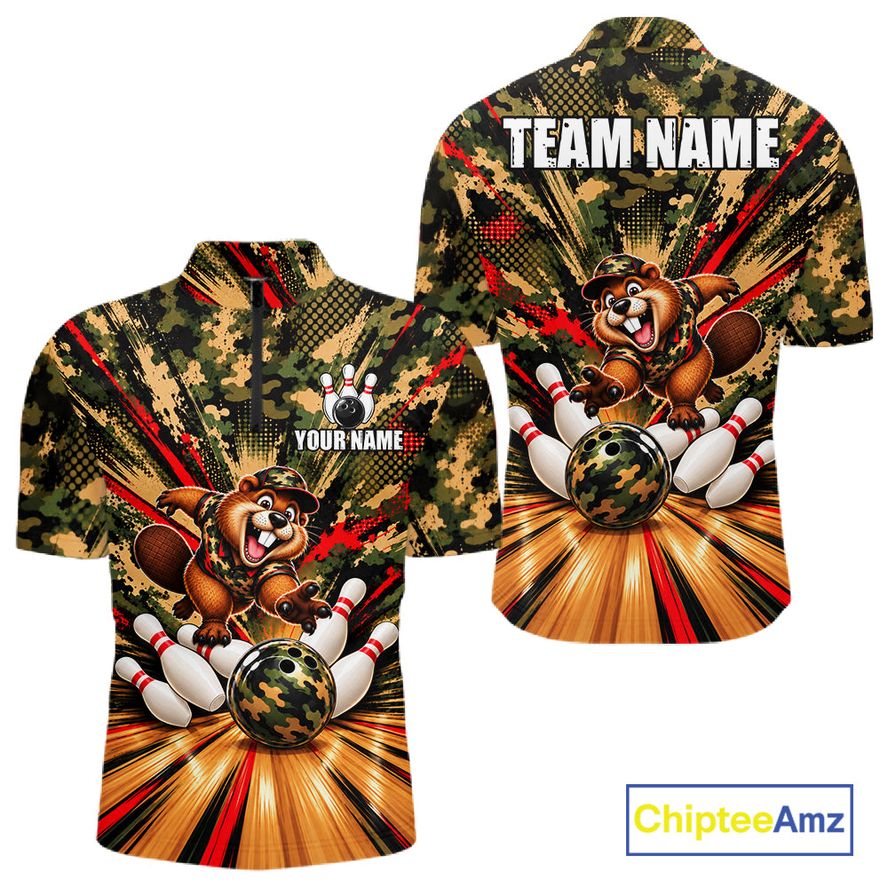 Funny Beaver Bowling Shirt Custom Green Black Camouflage Youth Bowling Team Apparel For Men NYN5066