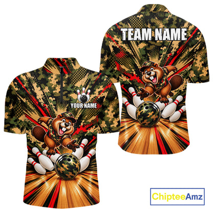 Funny Beaver Bowling Shirt Custom Green Black Camouflage Youth Bowling Team Apparel For Men NYN5066