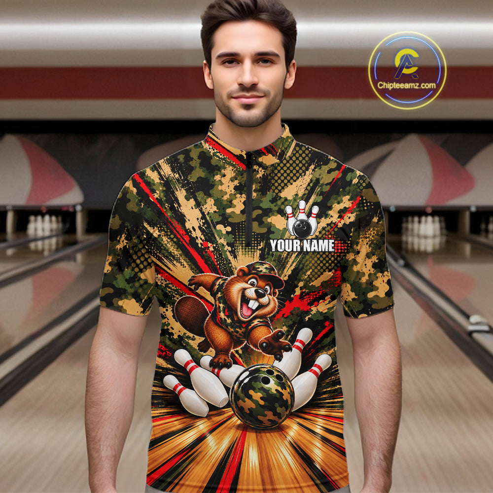 Funny Beaver Bowling Shirt Custom Green Black Camouflage Youth Bowling Team Apparel For Men NYN5066