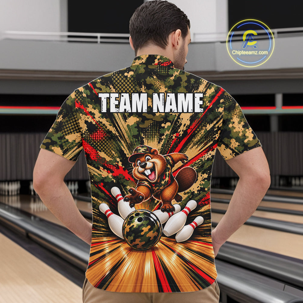 Funny Beaver Bowling Shirt Custom Green Black Camouflage Youth Bowling Team Apparel For Men NYN5066