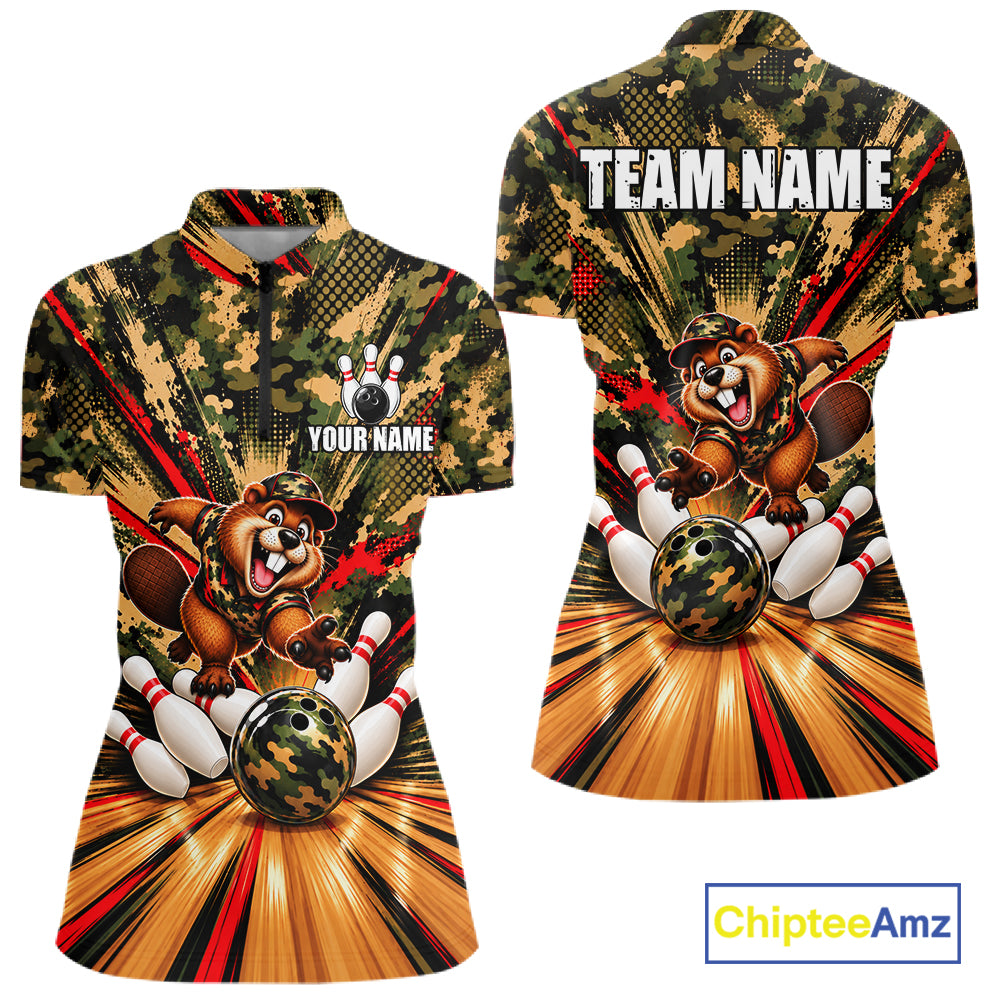 Funny Beaver Bowling Shirt Custom Green Black Camouflage Youth Bowling Team Apparel For Women NYN5066