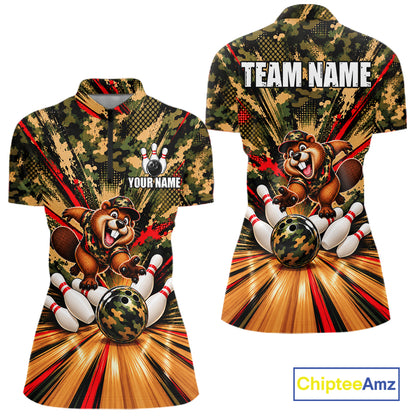 Funny Beaver Bowling Shirt Custom Green Black Camouflage Youth Bowling Team Apparel For Women NYN5066