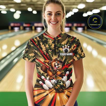 Funny Beaver Bowling Shirt Custom Green Black Camouflage Youth Bowling Team Apparel For Women NYN5066