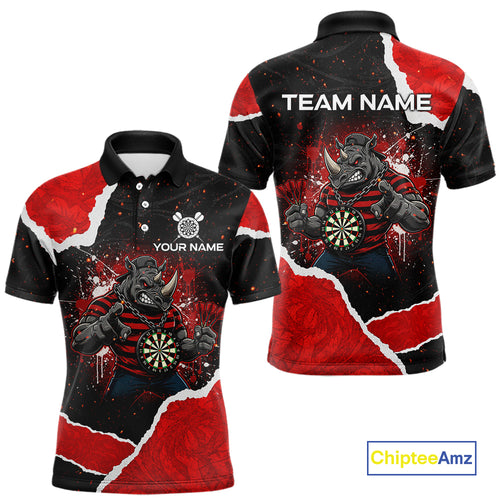 Black & Red Splatter Rhino Men Darts Polo Shirt Custom Funny Team Dart League Jerseys NYN2067
