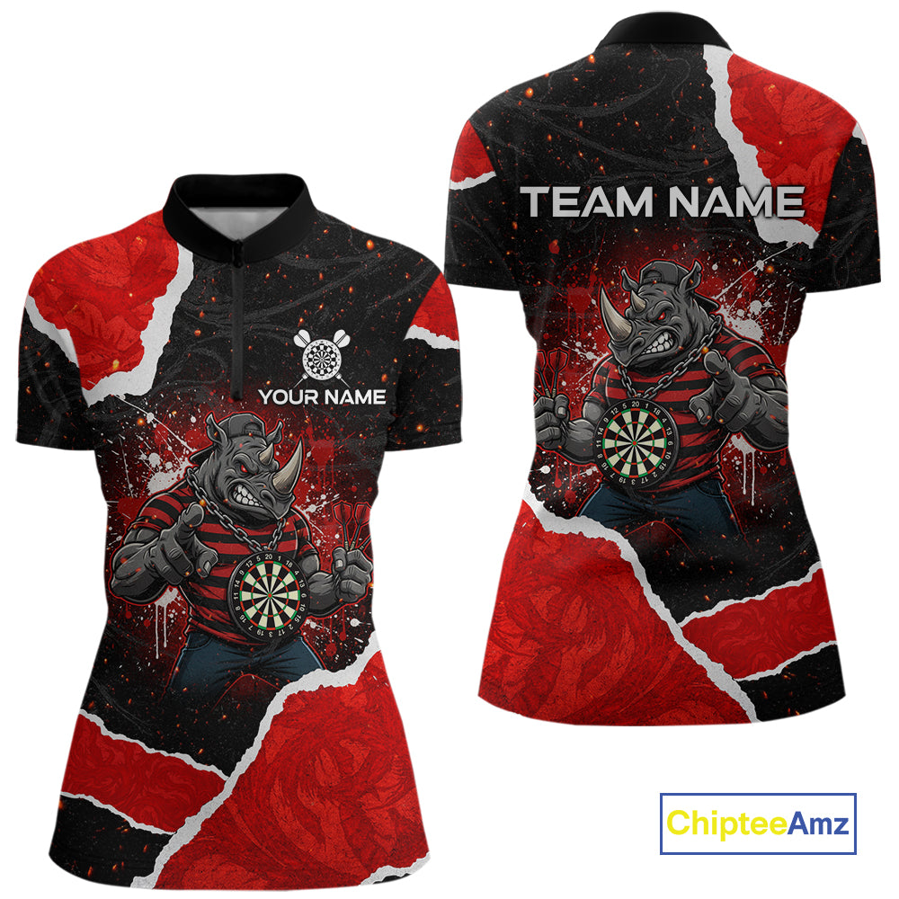 Black & Red Splatter Rhino Women Darts Quarter-Zip Shirt Custom Funny Team Dart League Jerseys NYN2067