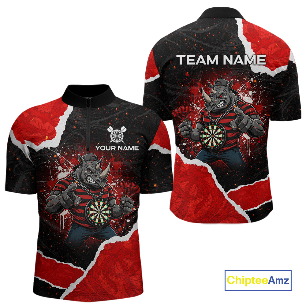 Black & Red Splatter Rhino Men Darts Quarter-Zip Shirt Custom Funny Team Dart League Jerseys NYN2067