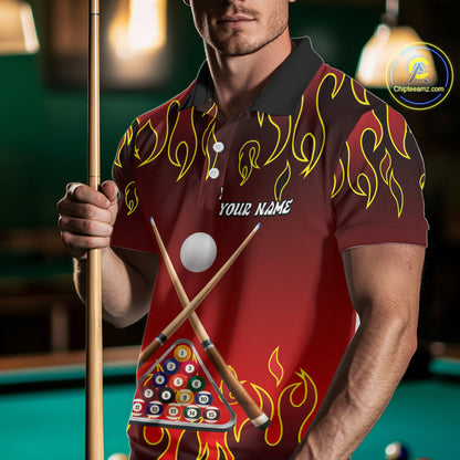 Custom Fire Flame 8 Ball Men's Billiard Shirts Personalized Billiard Attire Gifts | Red NYN2321