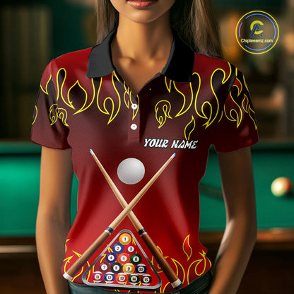 Custom Fire Flame 8 Ball Women's Billiard Shirts Personalized Billiard Attire Gifts | Red NYN2321