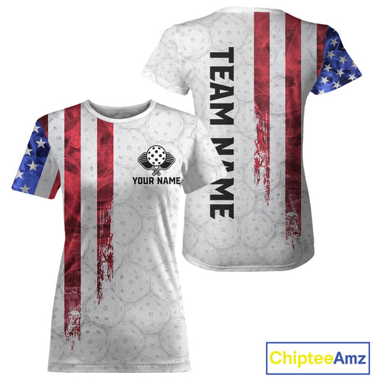 Custom American flag patriotic pickleball tshirt for women colorful splatter pickleball jersey white
