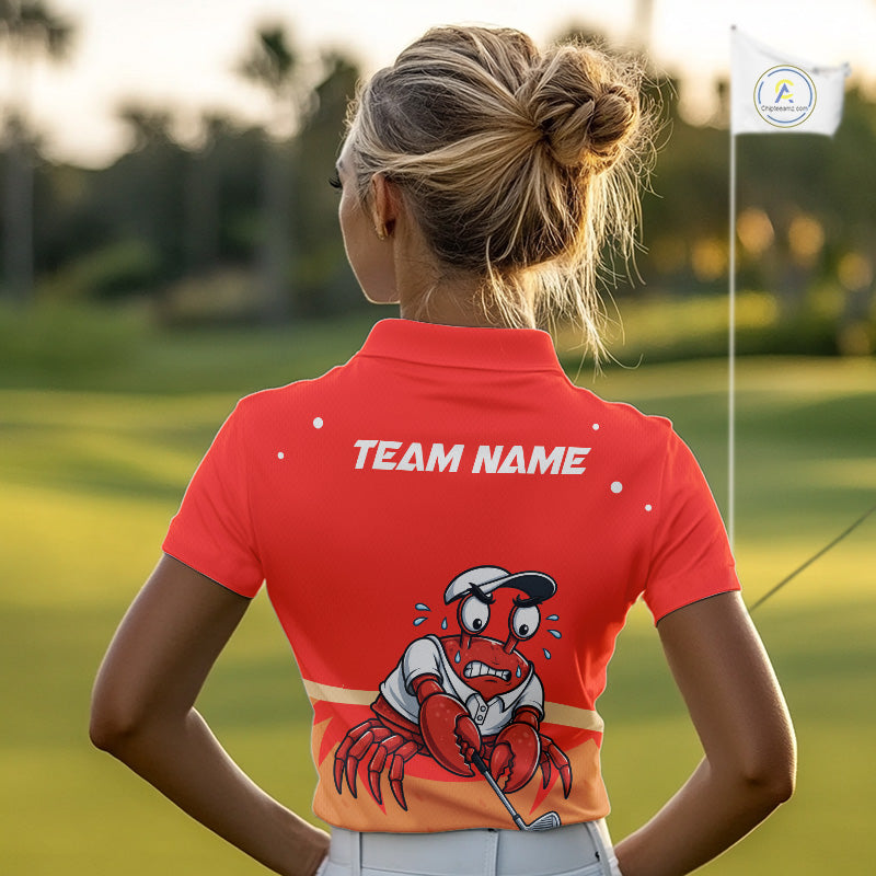 Female golfer wearing Red Crab golf polo, seaside golf outfit, personalized golf apparel, golf vacation clothing, crab golf mascot
