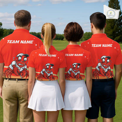 Custom Red Crab golf team polo, beach golf vacation, seafood lovers, coastal sportswear, crab symbolizes resilience, adaptability, determination, teamwork