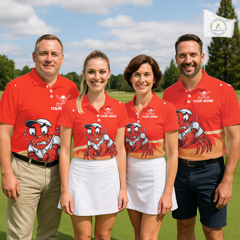 Custom Red Crab golf team polo, beach golf vacation, seafood lovers, coastal sportswear, crab symbolizes resilience, adaptability, determination, teamwork