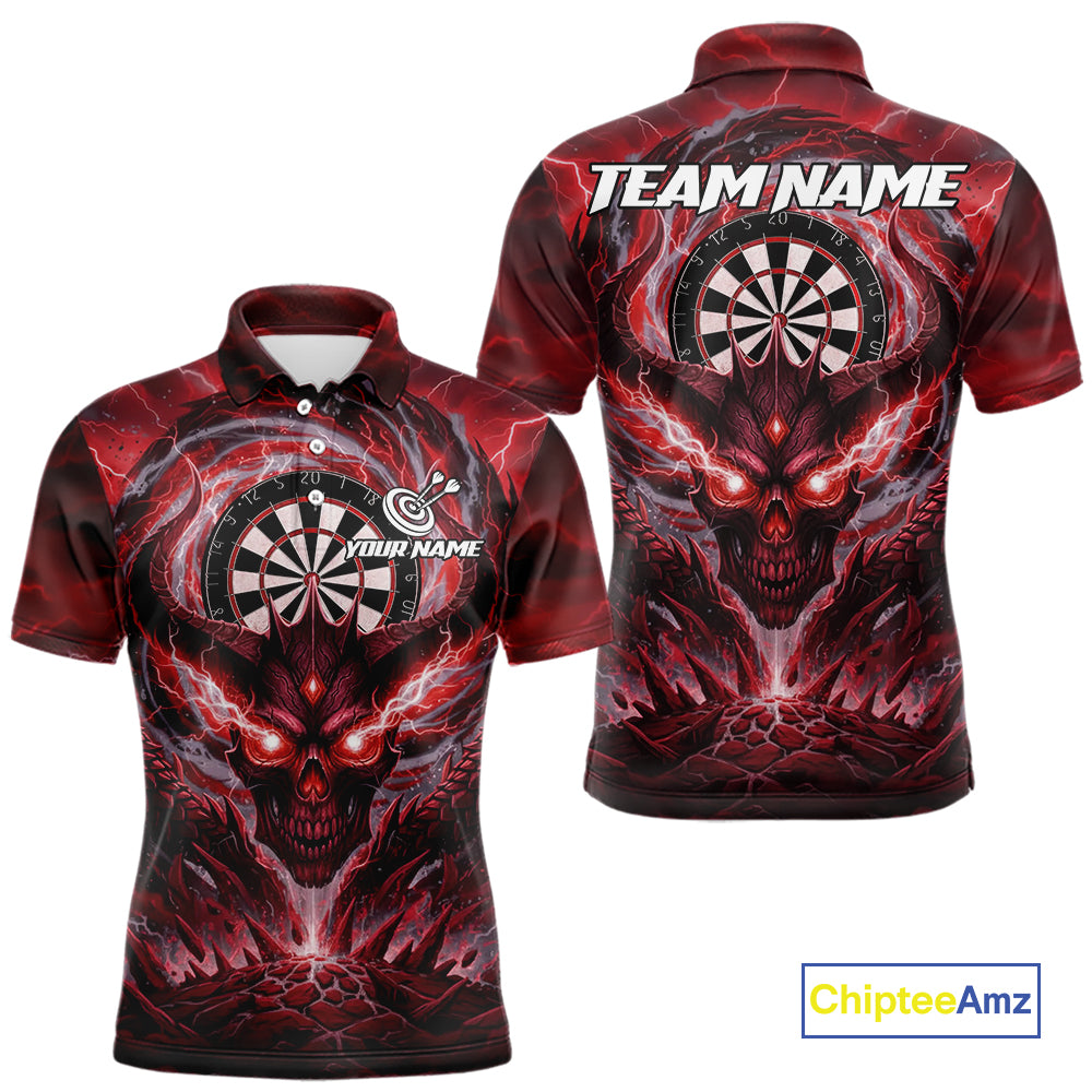 Lightning Red & Grey Dragon Skull Dartboard Custom Men Darts Polo Shirt, Dart Jerseys NYN1807