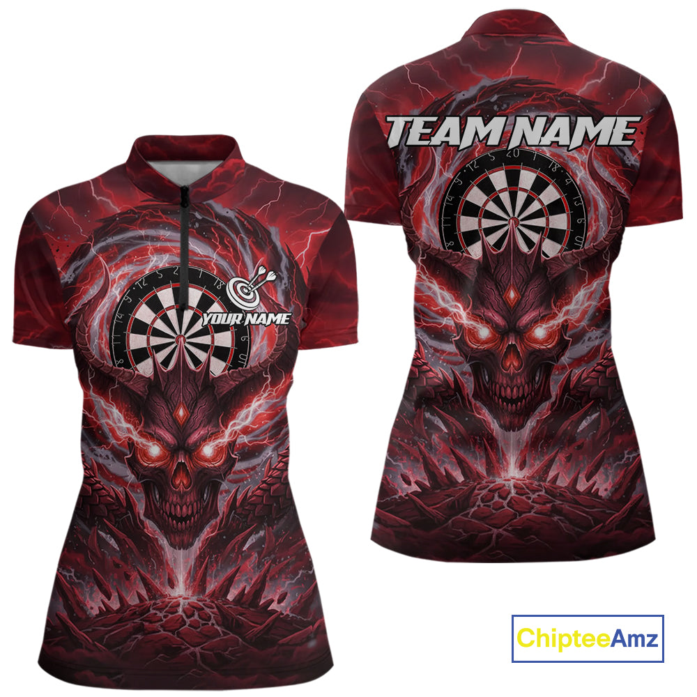 Lightning Red & Grey Dragon Skull Dartboard Custom Women Darts Quarter-Zip Shirt, Dart Jerseys NYN1807