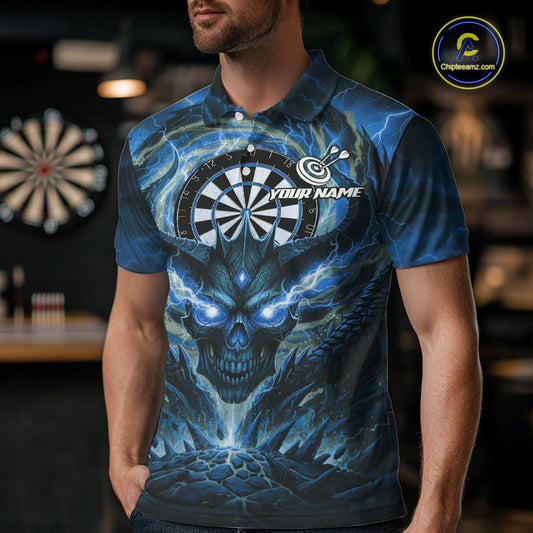 Lightning Blue & Grey Dragon Skull Dartboard Custom Men Darts Polo Shirt, Dart Jerseys NYN1808