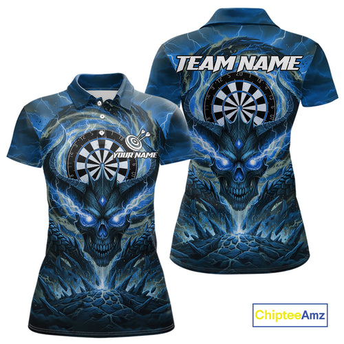 Lightning Blue & Grey Dragon Skull Dartboard Custom Women Darts Polo Shirt, Dart Jerseys NYN1808