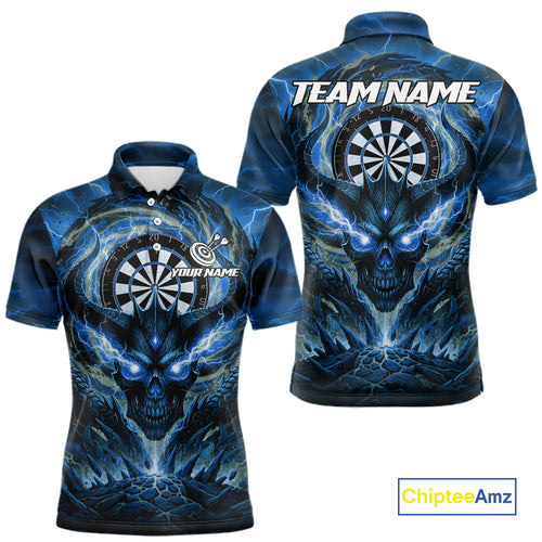 Lightning Blue & Grey Dragon Skull Dartboard Custom Men Darts Polo Shirt, Dart Jerseys NYN1808