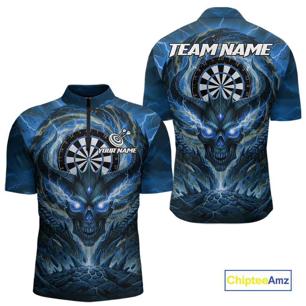 Lightning Blue & Grey Dragon Skull Dartboard Custom Men Darts Quarter-Zip Shirt, Dart Jerseys NYN1808