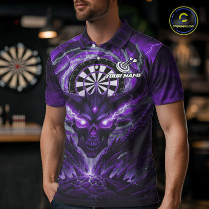 Lightning Purple & Grey Dragon Skull Dartboard Custom Men Darts Polo Shirt, Dart Jerseys NYN1809